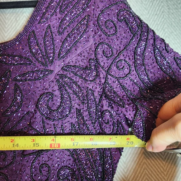 Vintage Stenay Plum Purple Glass Beaded 100% Silk Maxi Dress Womens Size 14 - Picture 6 of 15